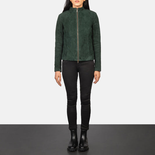 Lifestyle shot of the Rumella Green suede biker jacket available at Layzal Jackets.