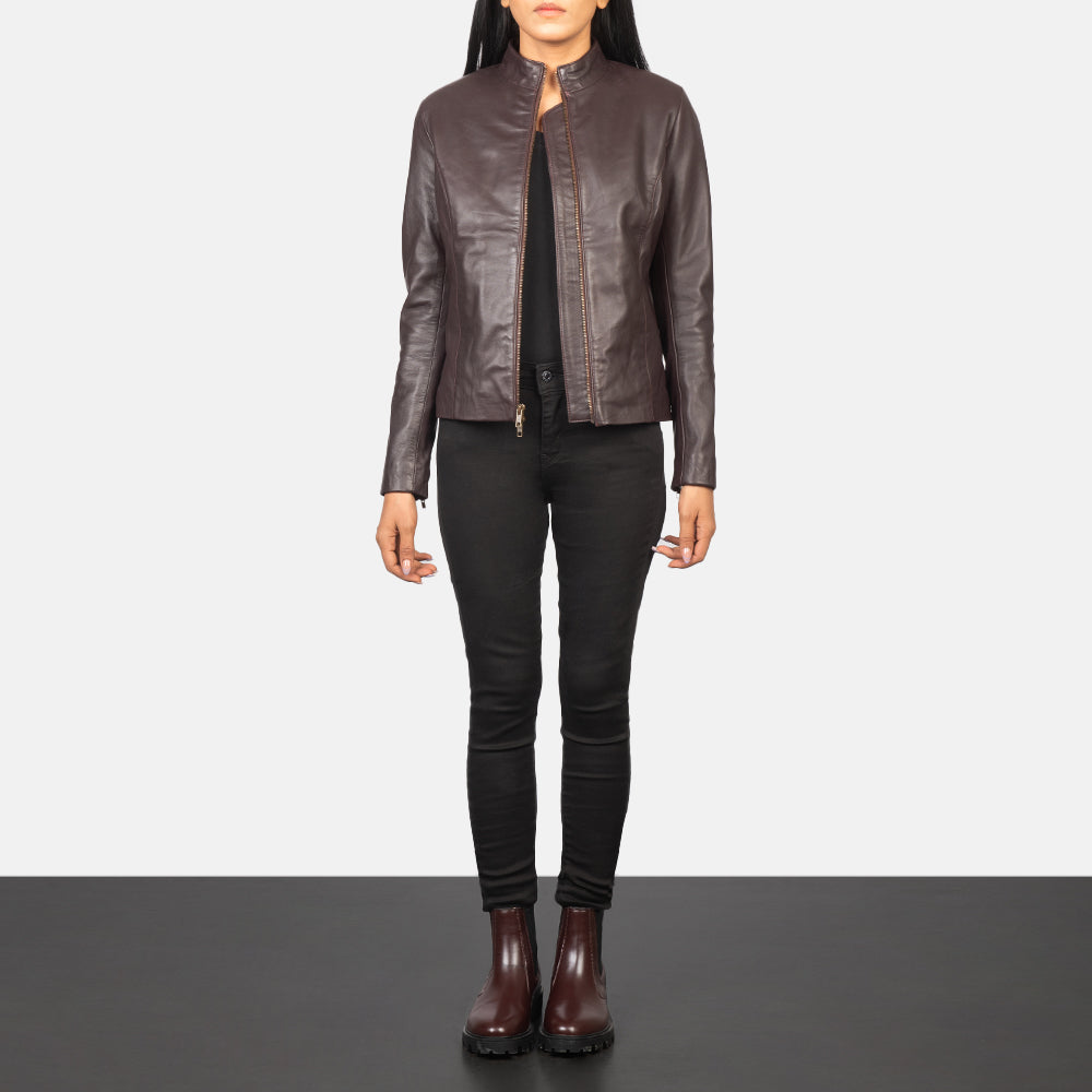 Lifestyle shot of the Rumella Maroon leather biker jacket available at Layzal Jackets.