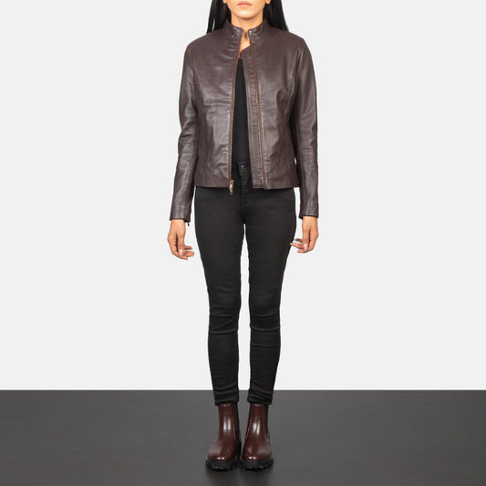 Lifestyle shot of the Rumella Maroon leather biker jacket available at Layzal Jackets.