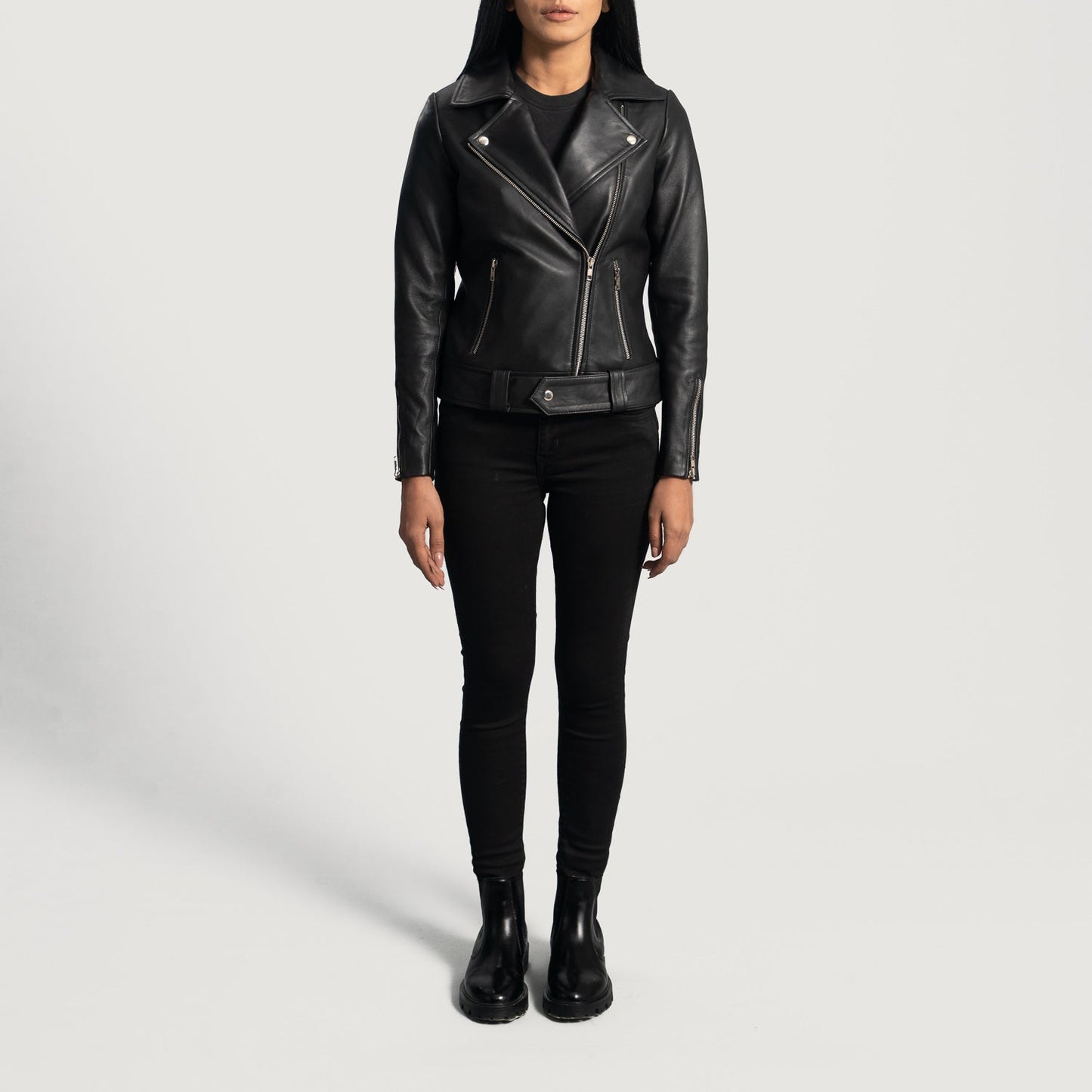 Lifestyle shot of the Rumy Black leather biker jacket available at Layzal Jackets.