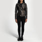Lifestyle shot of the Rumy Distressed Brown leather biker jacket available at Layzal Jackets.