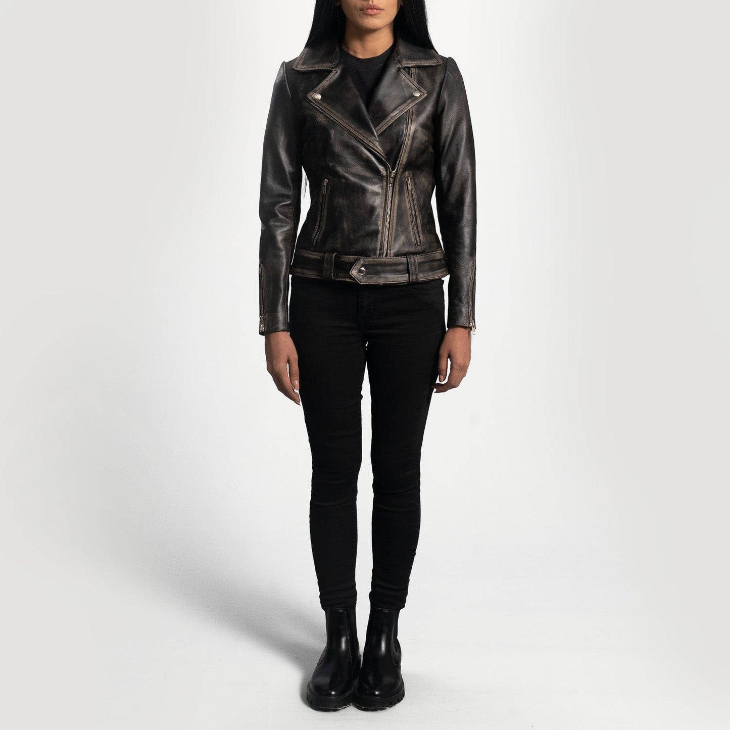 Lifestyle shot of the Rumy Distressed Brown leather biker jacket available at Layzal Jackets.