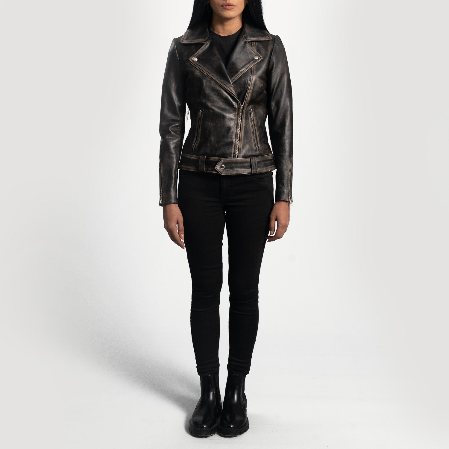 Lifestyle shot of the Rumy Distressed Brown leather biker jacket available at Layzal Jackets.
