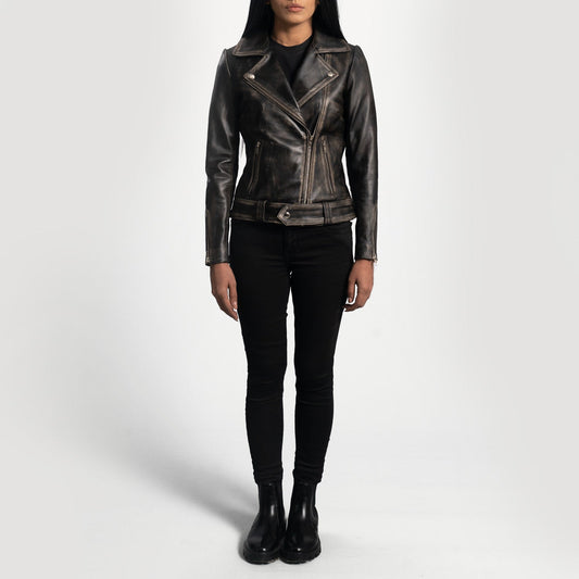 Lifestyle shot of the Rumy Distressed Brown leather biker jacket available at Layzal Jackets.