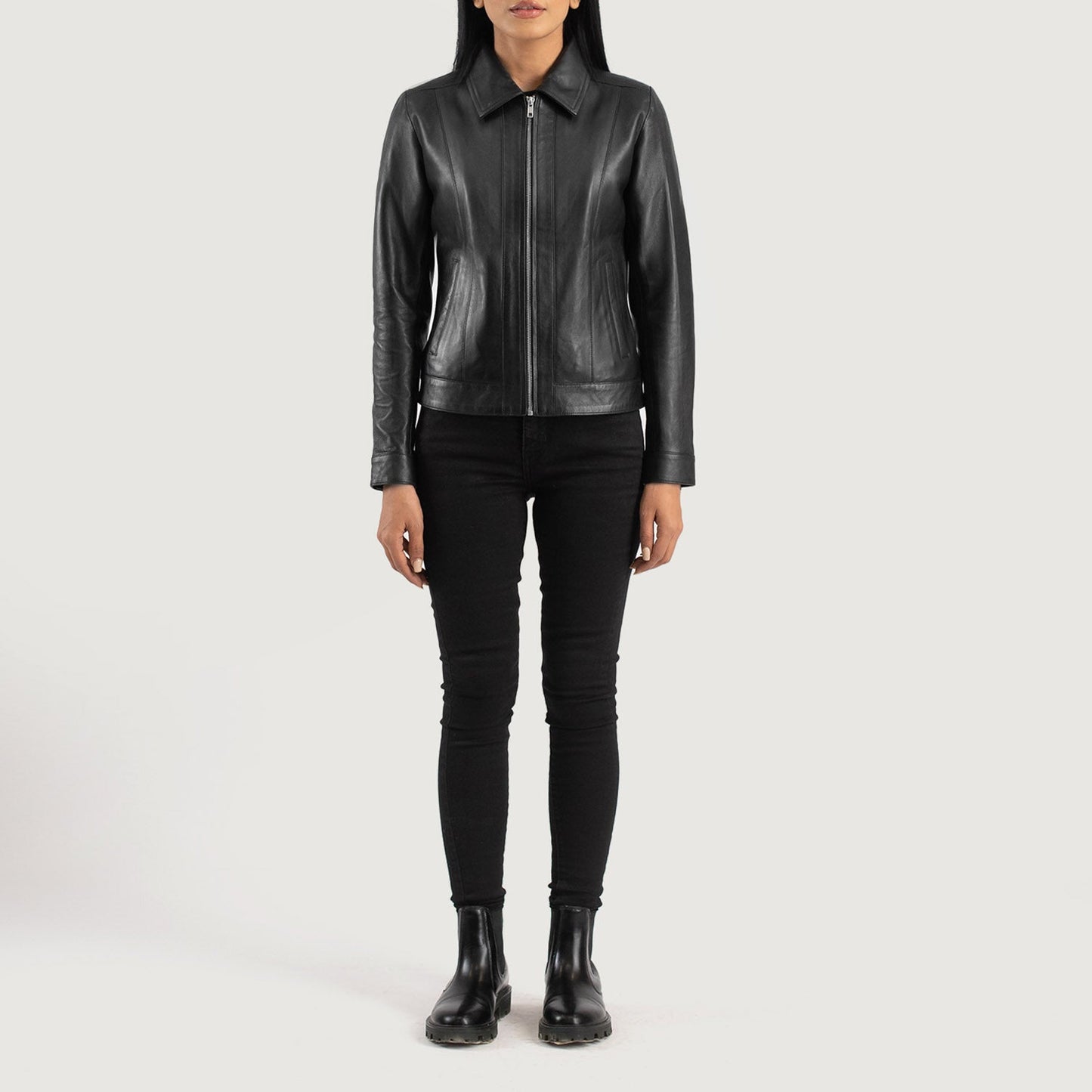 Lifestyle shot of the Vixen Black classic collar leather jacket available at Layzal Jackets.