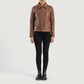 Three quarter profile view of the brown classic collar jacket, highlighting its timeless tailored silhouette and regular fit.