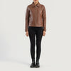 Three quarter profile view of the brown classic collar jacket, highlighting its timeless tailored silhouette and regular fit.
