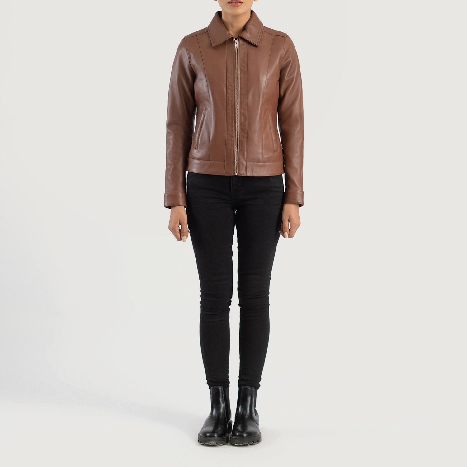 Three quarter profile view of the brown classic collar jacket, highlighting its timeless tailored silhouette and regular fit.