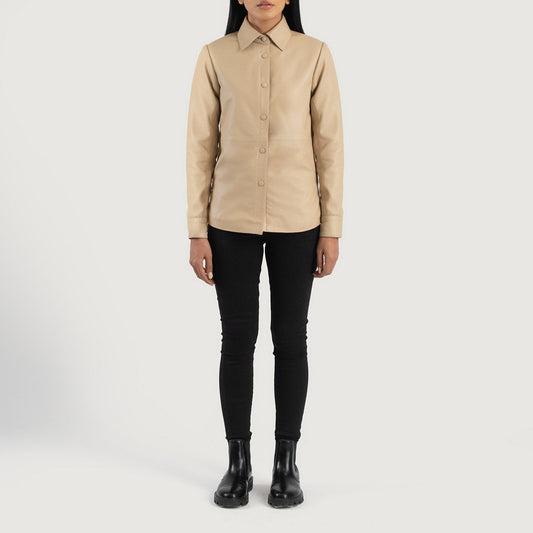 Three quarter profile view of the beige leather shirt jacket, emphasizing its sleek minimalist silhouette and lightweight look.