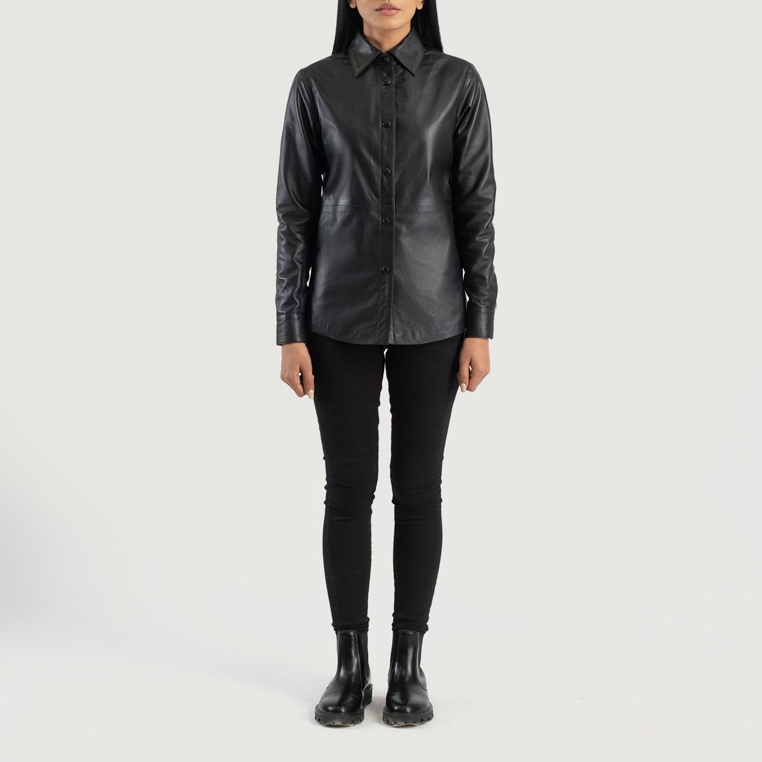 Lifestyle shot of the Zenith Black leather shirt jacket available at Layzal Jackets.