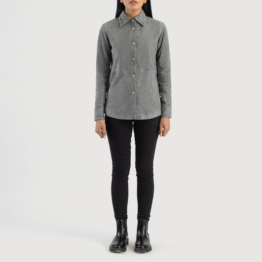 Three quarter profile view of the grey suede shirt jacket, emphasizing its sleek minimalist silhouette and lightweight look.