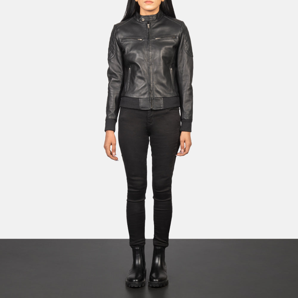 Lifestyle shot of the Sleeky Clean tan leather biker jacket available at Layzal Jackets.