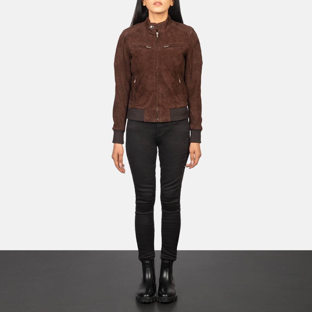 Lifestyle shot of the Zenna Mocha suede bomber jacket available at Layzal Jackets.