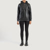 Flat lay photography of the Zest Black hooded leather jacket from the Layzal Jackets collection.
