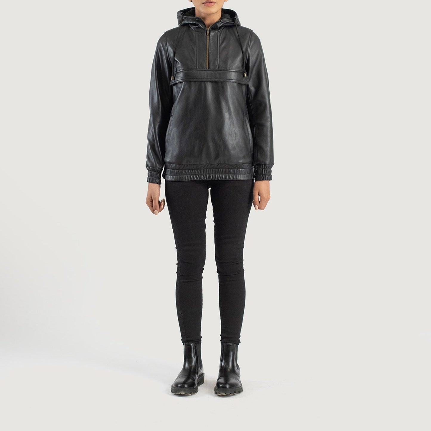 Flat lay photography of the Zest Black hooded leather jacket from the Layzal Jackets collection.