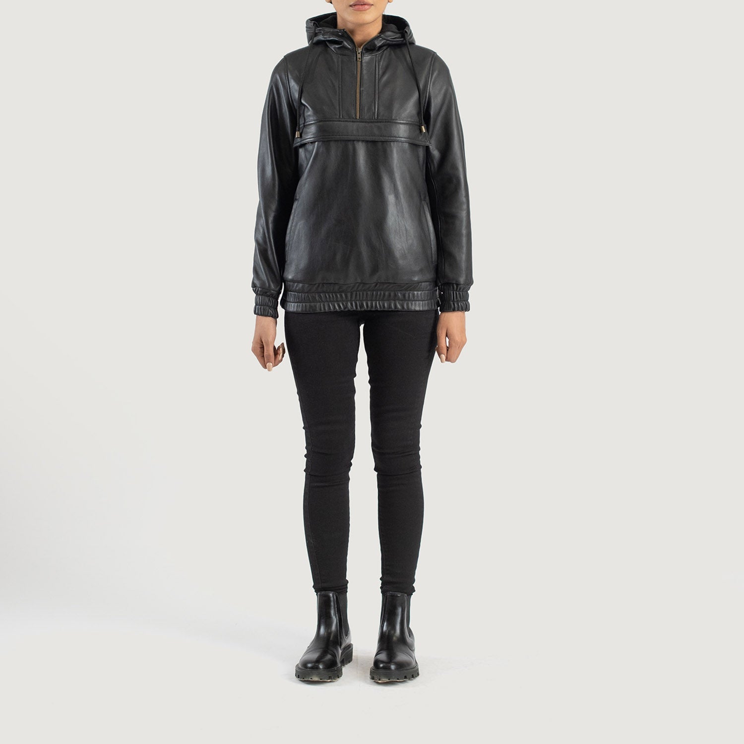 Flat lay photography of the Zest Black hooded leather jacket from the Layzal Jackets collection.