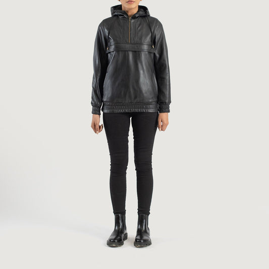 Flat lay photography of the Zest Black hooded leather jacket from the Layzal Jackets collection.