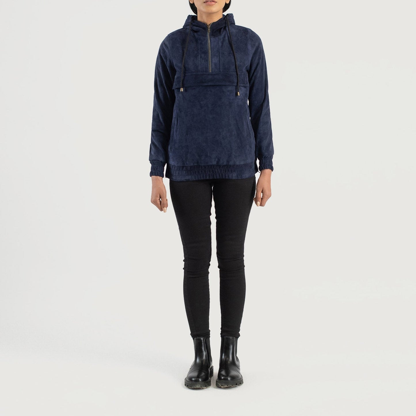 Flat lay photography of the Zest Blue hooded suede jacket from the Layzal Jackets collection.