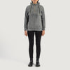 Side view of the Zest grey suede jacket showing the convenient zipper opening for easy wear and side welt pockets.
