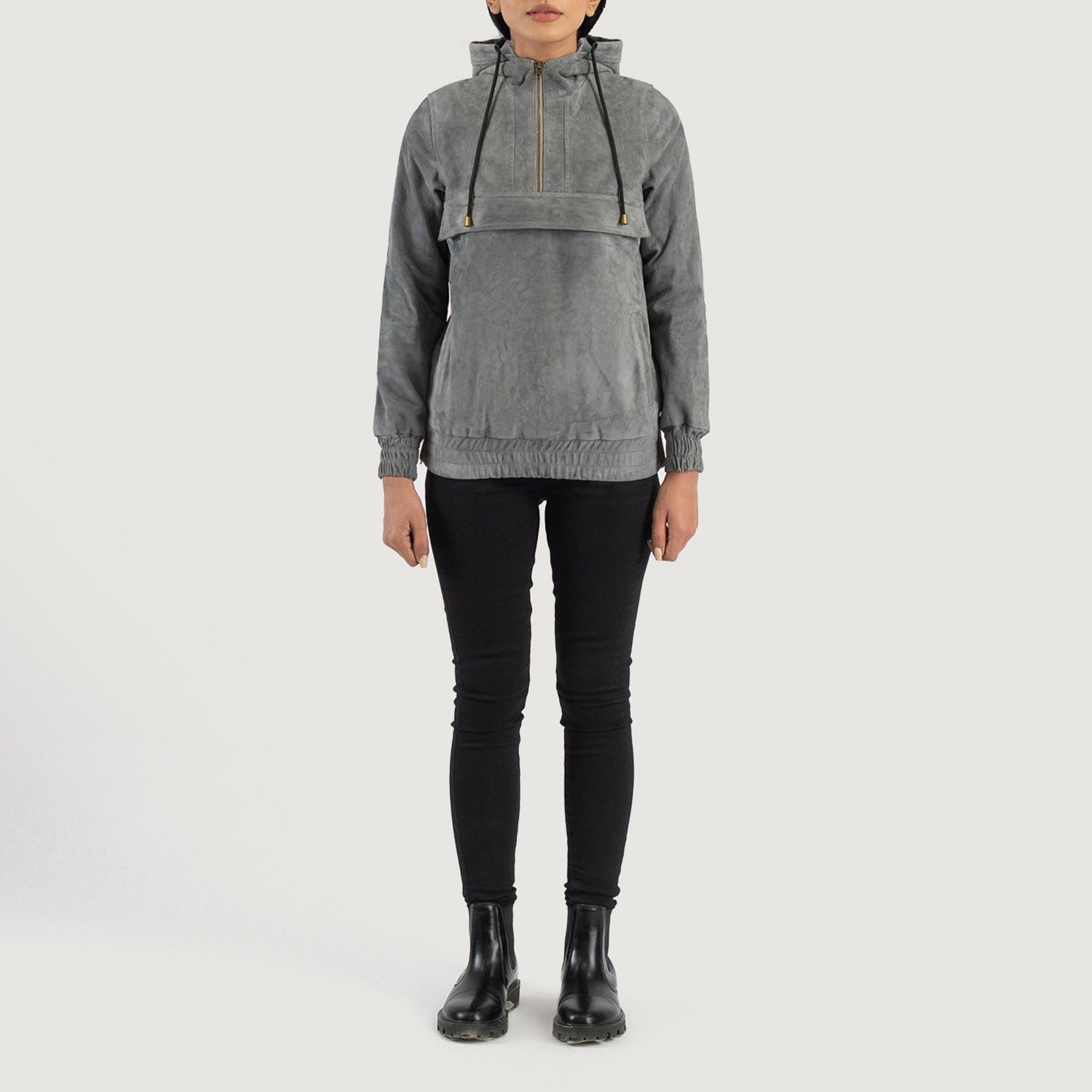 Side view of the Zest grey suede jacket showing the convenient zipper opening for easy wear and side welt pockets.