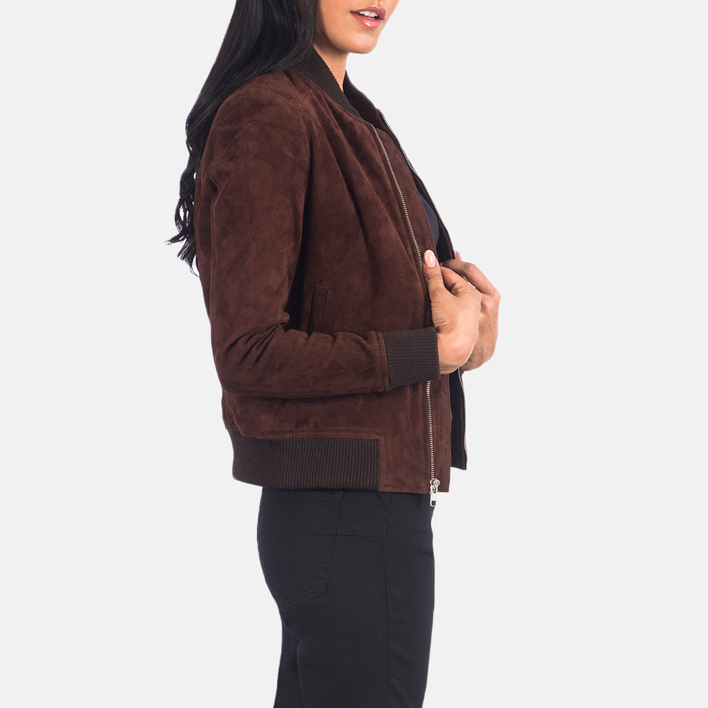 Close-up shot of the front zipper closure with its protective leather wind flap on the brown suede bomber jacket.