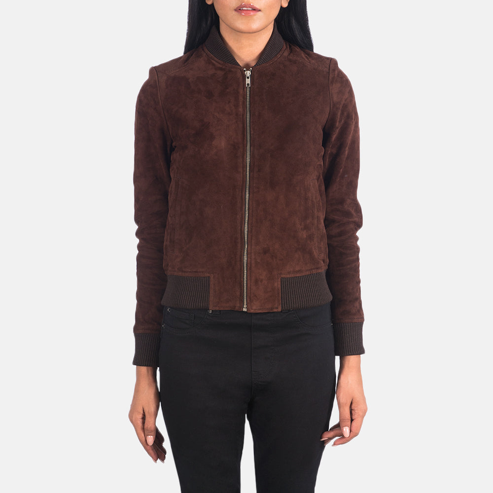 Zoomed-in view of the snug rib-knit cuff and one of the two functional exterior welt pockets on the brown suede jacket.