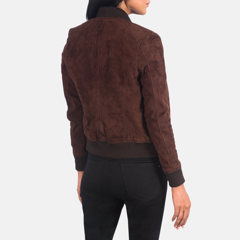 Detail view of the chocolate brown rib-knit varsity collar and matching knit details on the shoulders and neck.