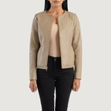 Front view of the Elixir beige leather jacket featuring a modern collarless neckline, central zipper closure, and open hem cuffs.