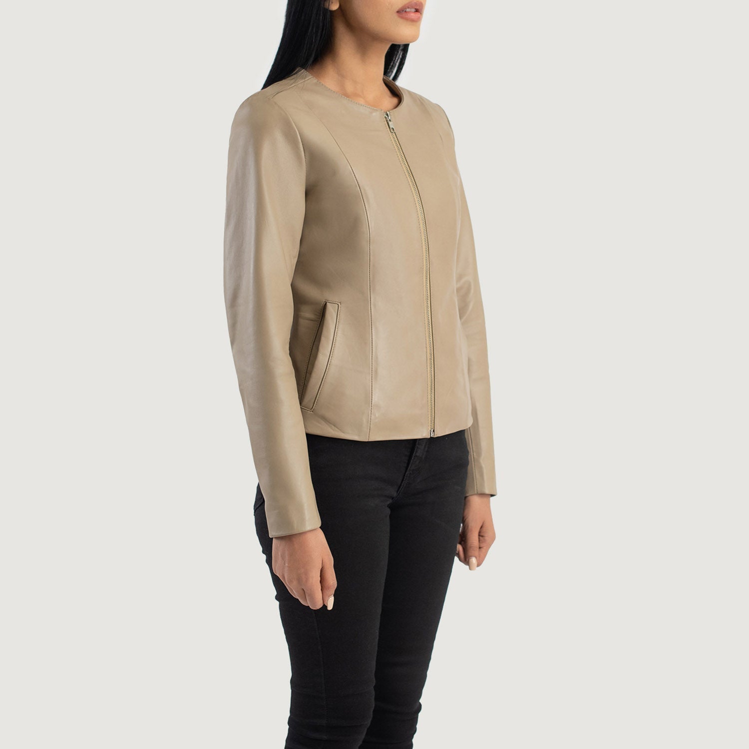 Full back view of the beige sheepskin leather jacket showcasing the smooth, clean panels and premium semi aniline finish.