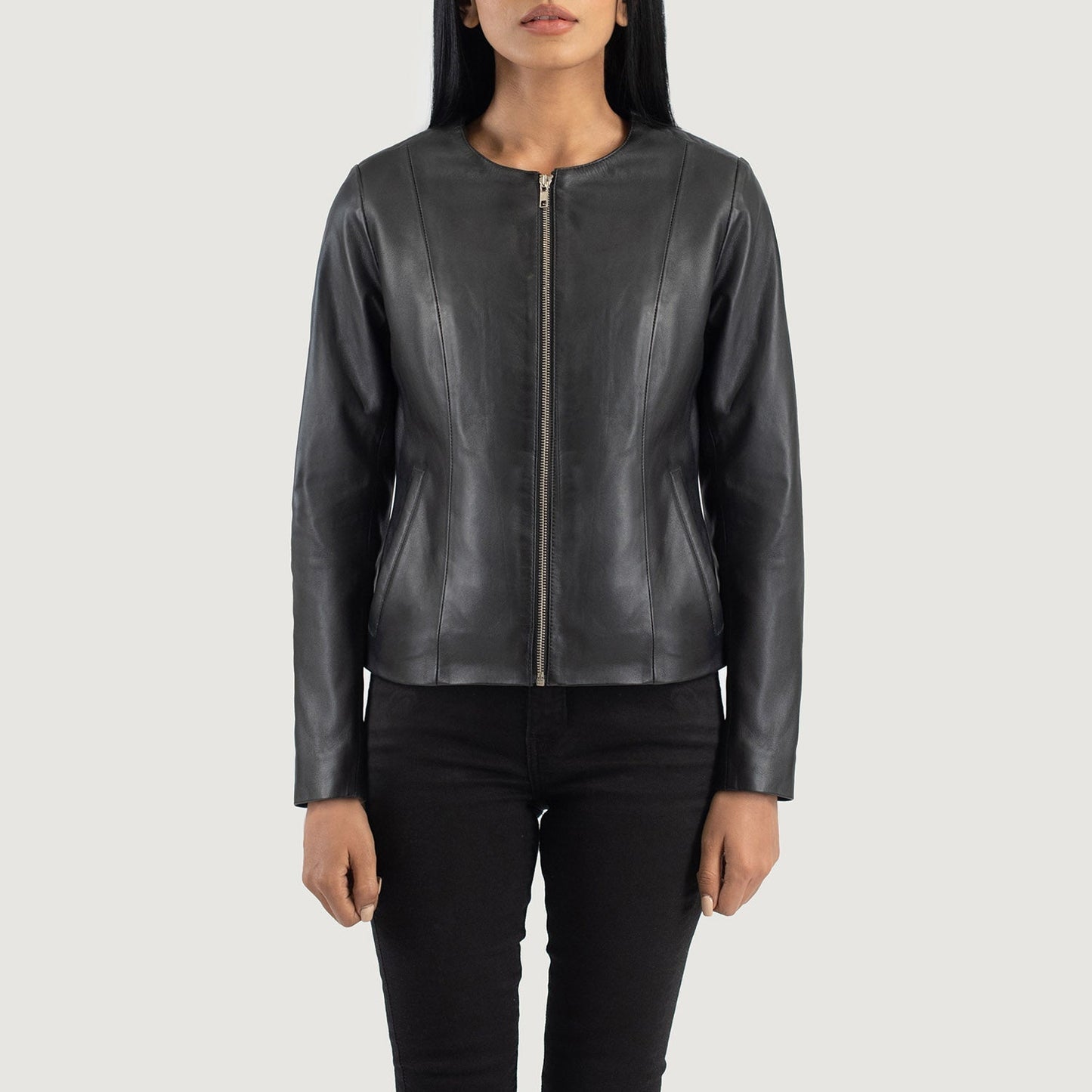 Full side profile of the Elixir black leather jacket showcasing a modern fit.
