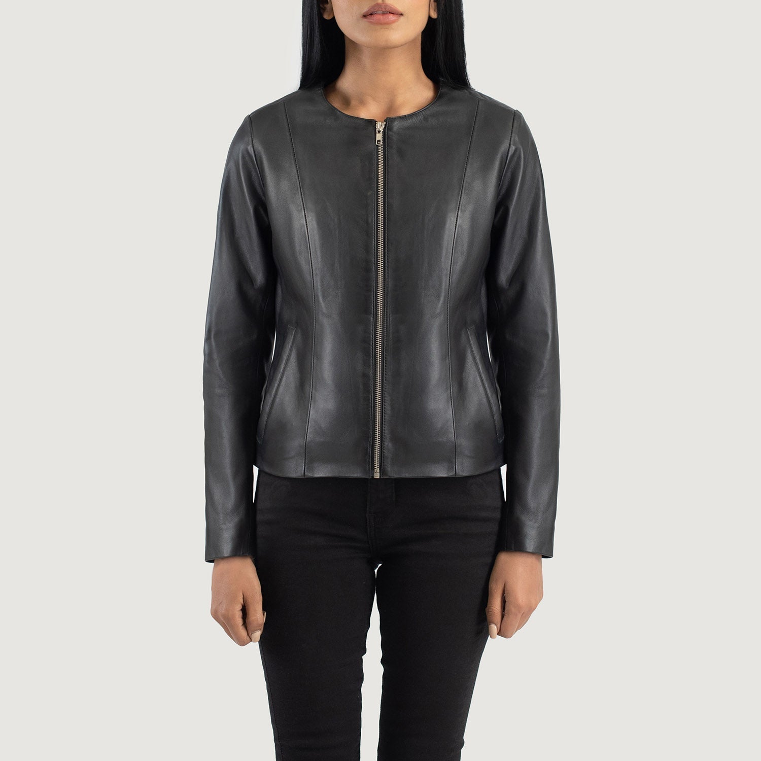 Full side profile of the Elixir black leather jacket showcasing a modern fit.