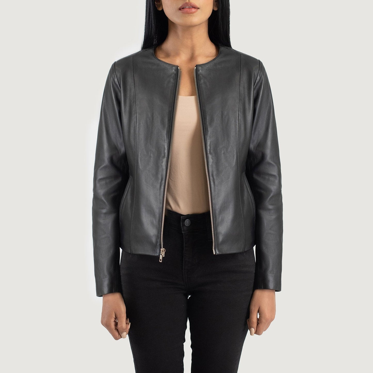 Front view of the Elixir Black collarless leather jacket by Layzal Jackets.