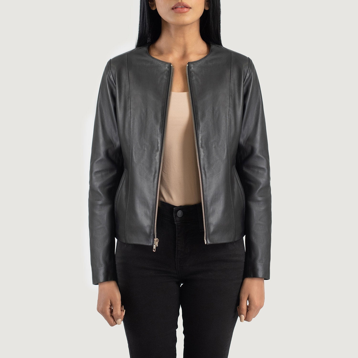 Front view of the Elixir Black collarless leather jacket by Layzal Jackets.