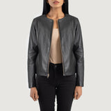 Front view of the Elixir Black collarless leather jacket by Layzal Jackets.