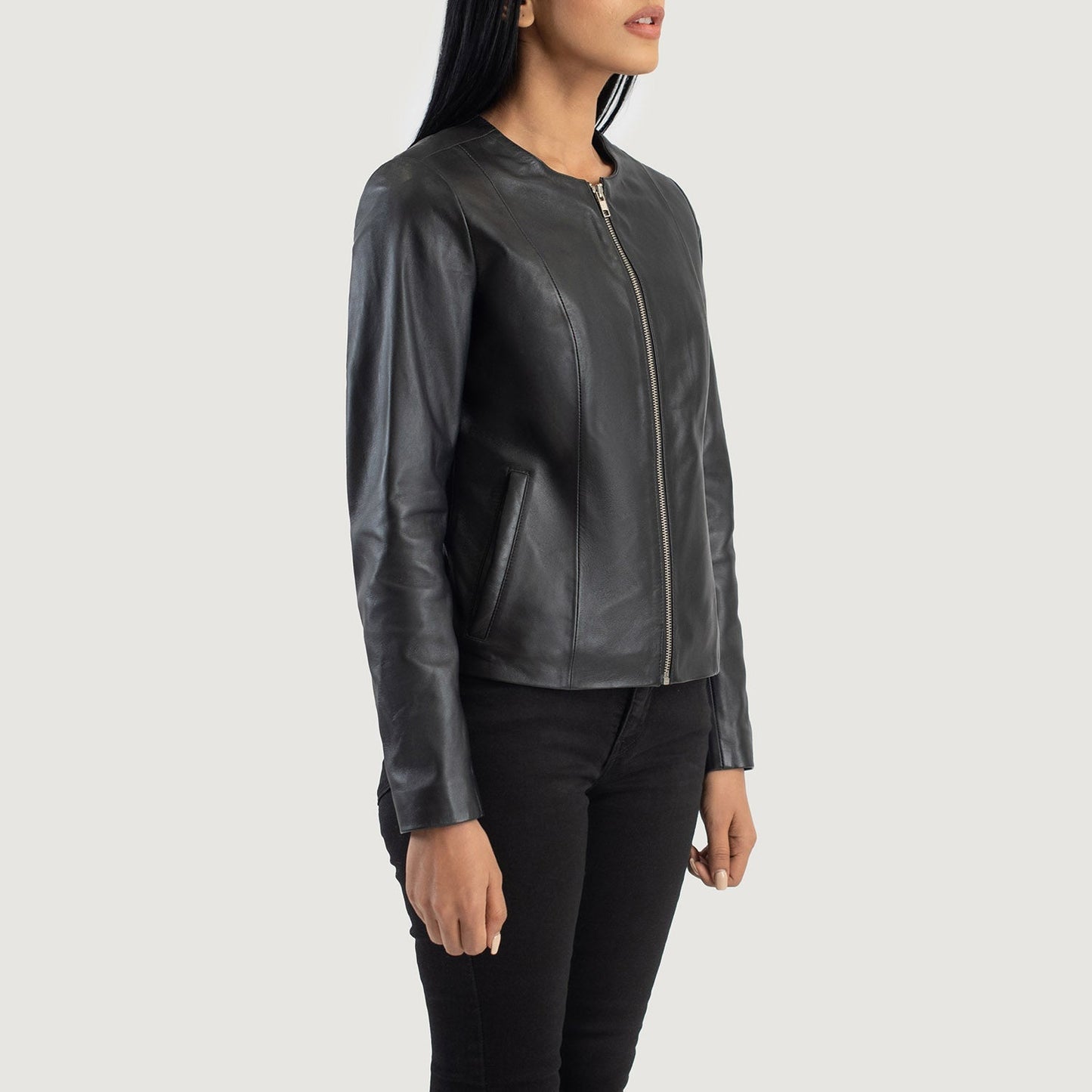Back view of the Elixir Black collarless leather jacket from Layzal Jackets.
