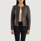 Front view of the Elixir brown leather jacket featuring a modern collarless neckline, central zipper closure, and open hem cuffs.