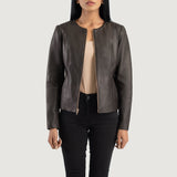 Front view of the Elixir brown leather jacket featuring a modern collarless neckline, central zipper closure, and open hem cuffs.