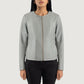Front view of the Elixir grey leather jacket featuring a modern collarless neckline, central zipper closure, and open hem cuffs.