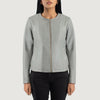 Front view of the Elixir grey leather jacket featuring a modern collarless neckline, central zipper closure, and open hem cuffs.
