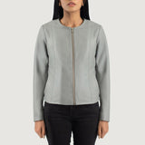 Front view of the Elixir grey leather jacket featuring a modern collarless neckline, central zipper closure, and open hem cuffs.