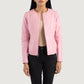 Front view of the Elixir Pink collarless leather jacket by Layzal Jackets.