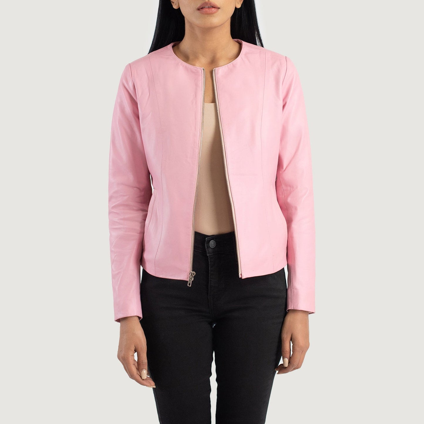 Front view of the Elixir Pink collarless leather jacket by Layzal Jackets.