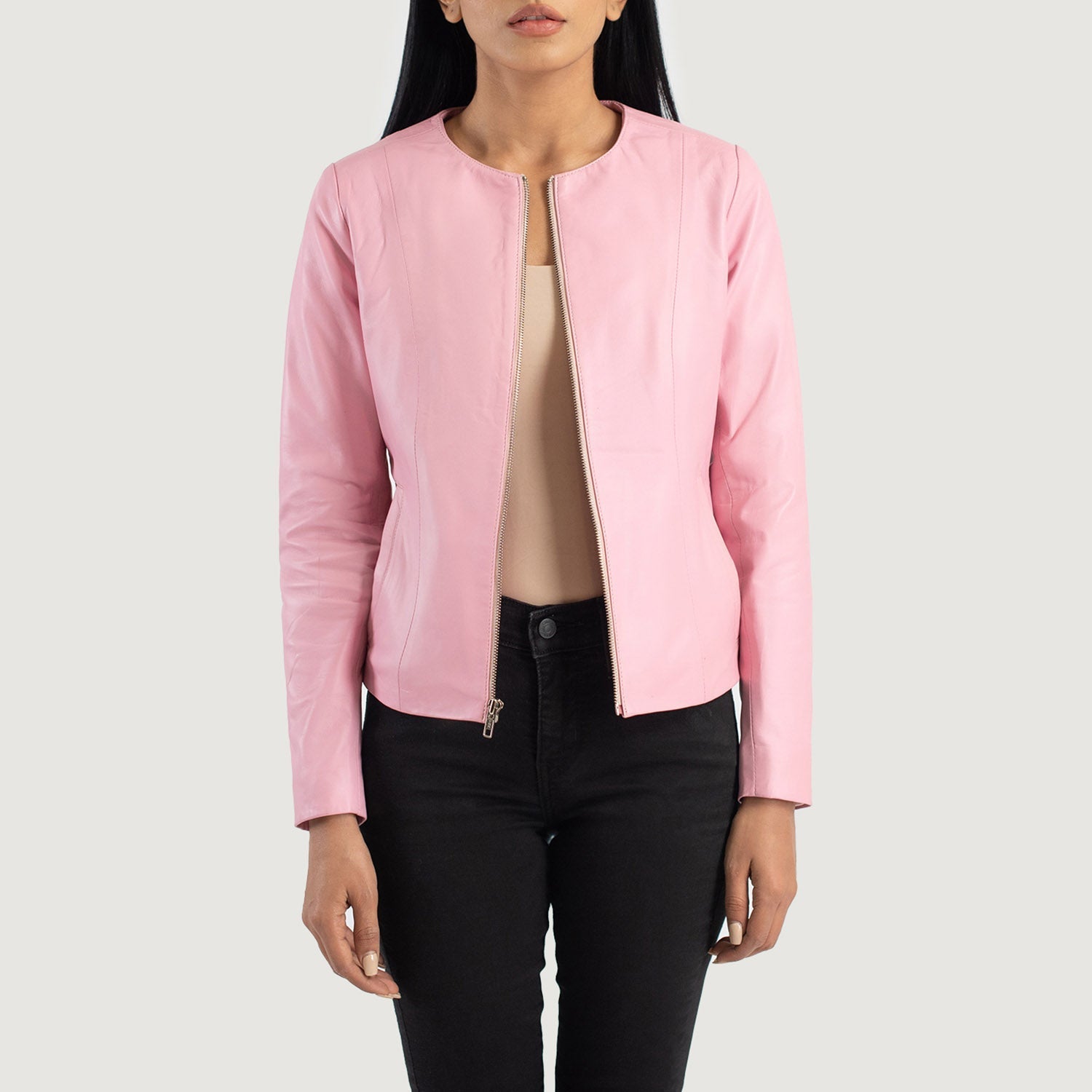 Front view of the Elixir Pink collarless leather jacket by Layzal Jackets.