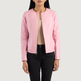 Front view of the Elixir Pink collarless leather jacket by Layzal Jackets.