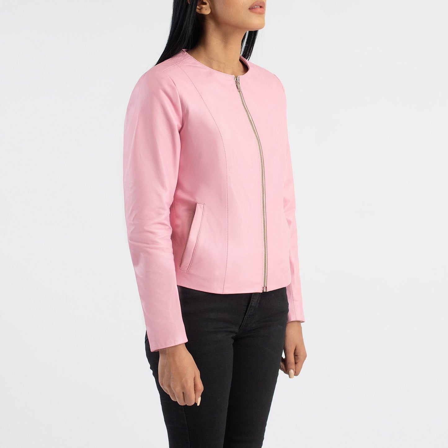 Back view of the Elixir Pink collarless leather jacket from Layzal Jackets.