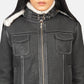 Detail of the removable hood feature on the black shearling leather jacket.