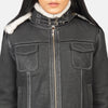 Detail of the removable hood feature on the black shearling leather jacket.