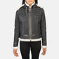 Close up of the four exterior pockets on the front of the black leather jacket.
