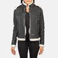 Front view of the Fiona Black hooded shearling leather jacket by Layzal Jackets.
