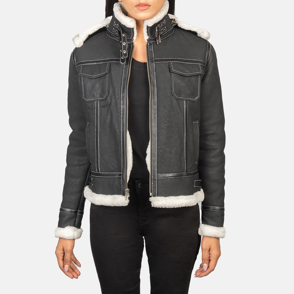 Front view of the Fiona Black hooded shearling leather jacket by Layzal Jackets.